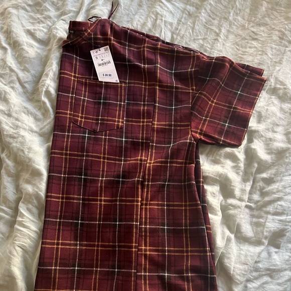 Zara Oversized Boxy Maroon Plaid Short Sleeved Dress. Size Small - Picture 3 of 6